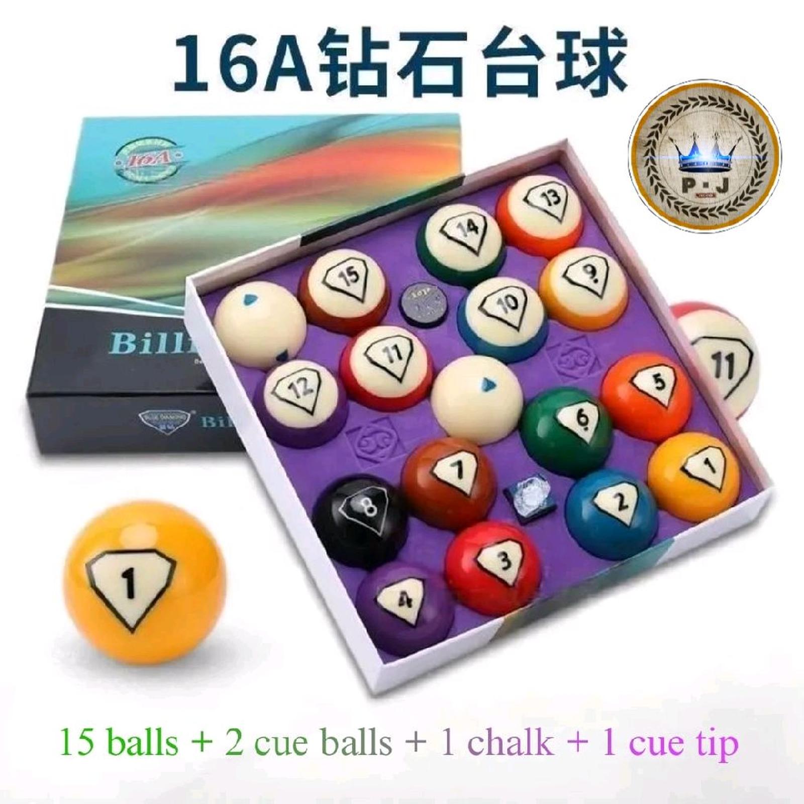 PJ - Billiard Ball Set | Blue Diamond 15 Bola Angka + 2 Cue Balls